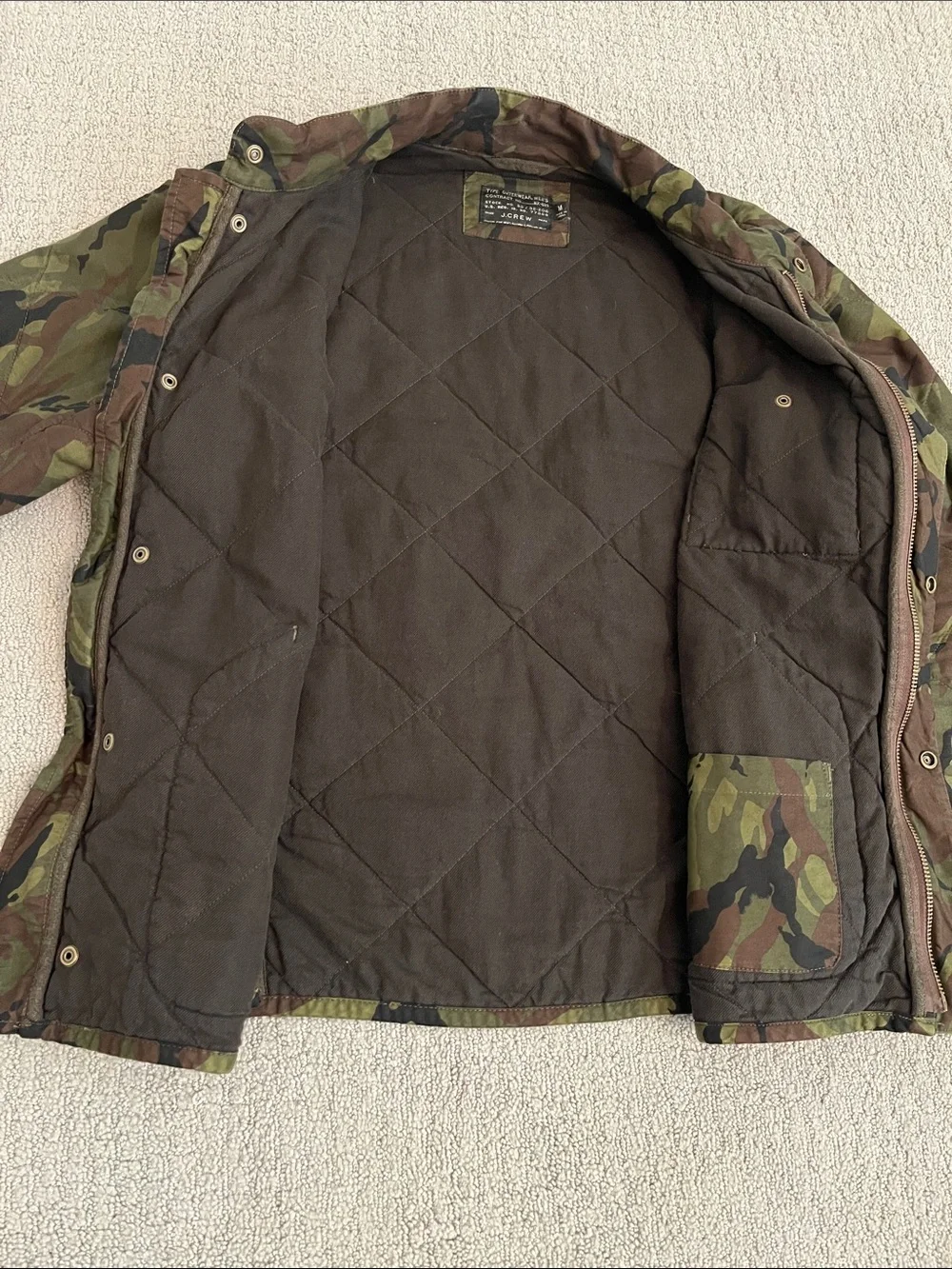 J Crew Men's Camouflage Quilted Jacket - Olive/Brown